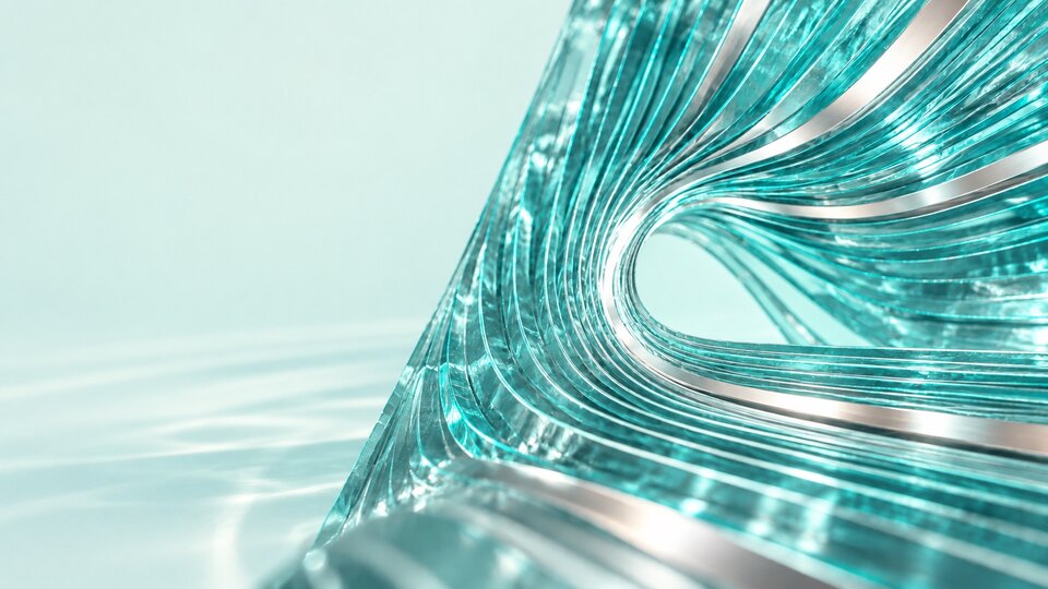 A material study photographed in bright daylight. Dense layers of clear turquoise glass bend around a bright aperture, pearl silver inlay running between them, standing in a shallow film of water that ripples away to the left. The left of the frame is empty pale mint.
